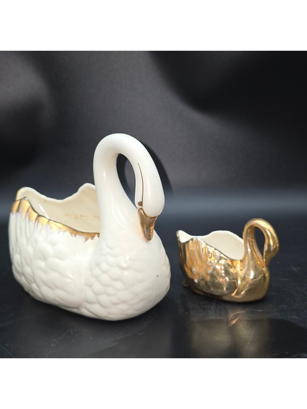 Vintage Mid Century Ceramic Swan Planter Set White 24K Gold Weeping Gold MCM 2pc